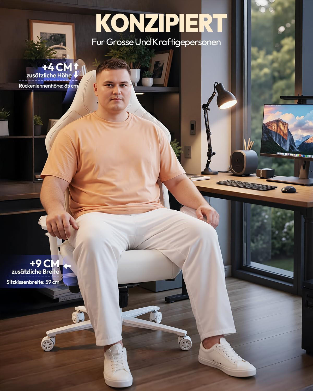 GAMING-STUHL Ergonomischer Bürostuhl &4D Armlehnen, Höhenverstellbarer - Weiß, Leder (70/133/70cm)