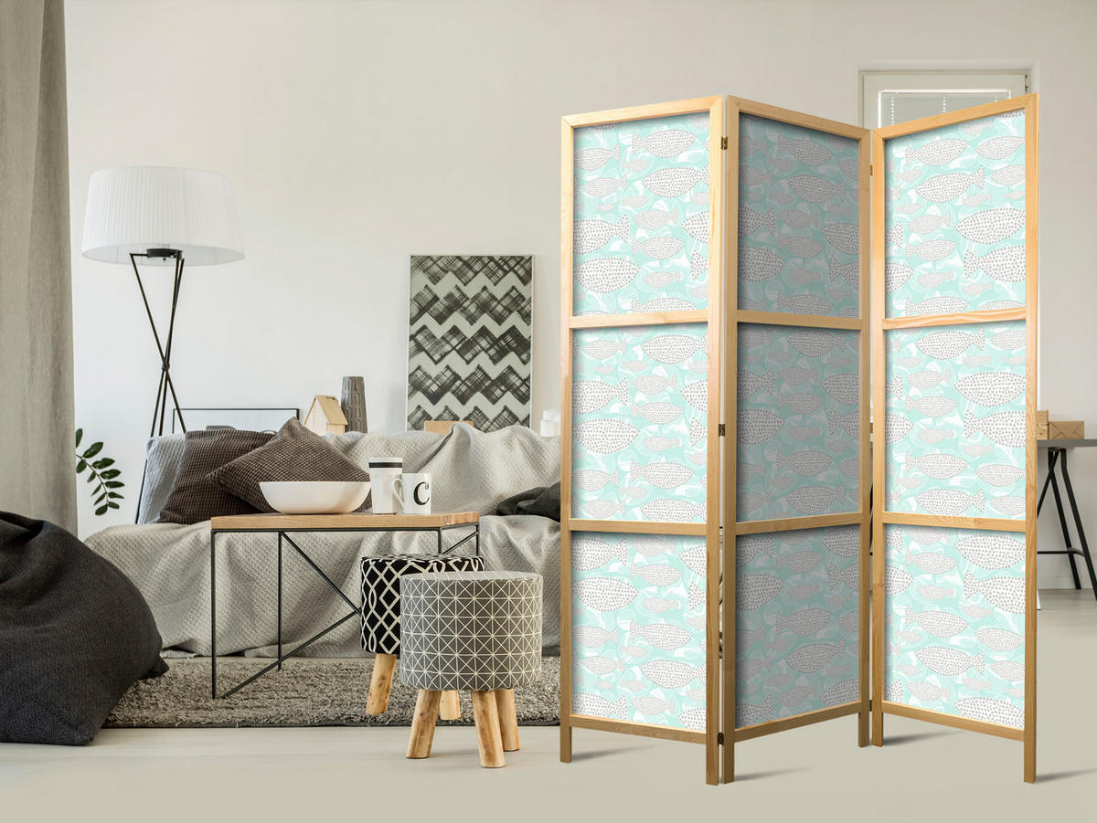 PARAVENT Japanischer 3-tlg 135x172 cm Gepunktete Fische - Grau, Holz/Textil (135/172/3cm) - Muralo