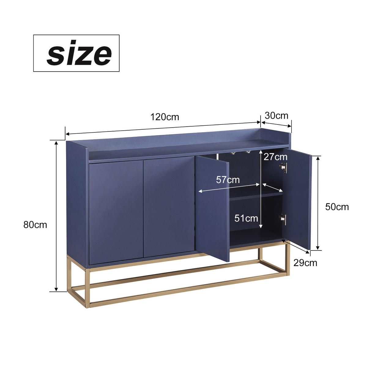 SIDEBOARDS 120cm, mit 4 Türen, verstellbaren Regalen, goldfarbenem Metallrahmen, Blau - Blau, Holzwerkstoff (120/30/80cm) - Waldena