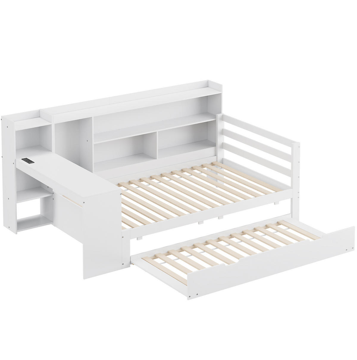 BETT 90/200 cm Weiß mit ausziehbarem Unterbett, Schreibtisch und Stauraum - Weiß, Holz (90/200cm) - Flora Grace