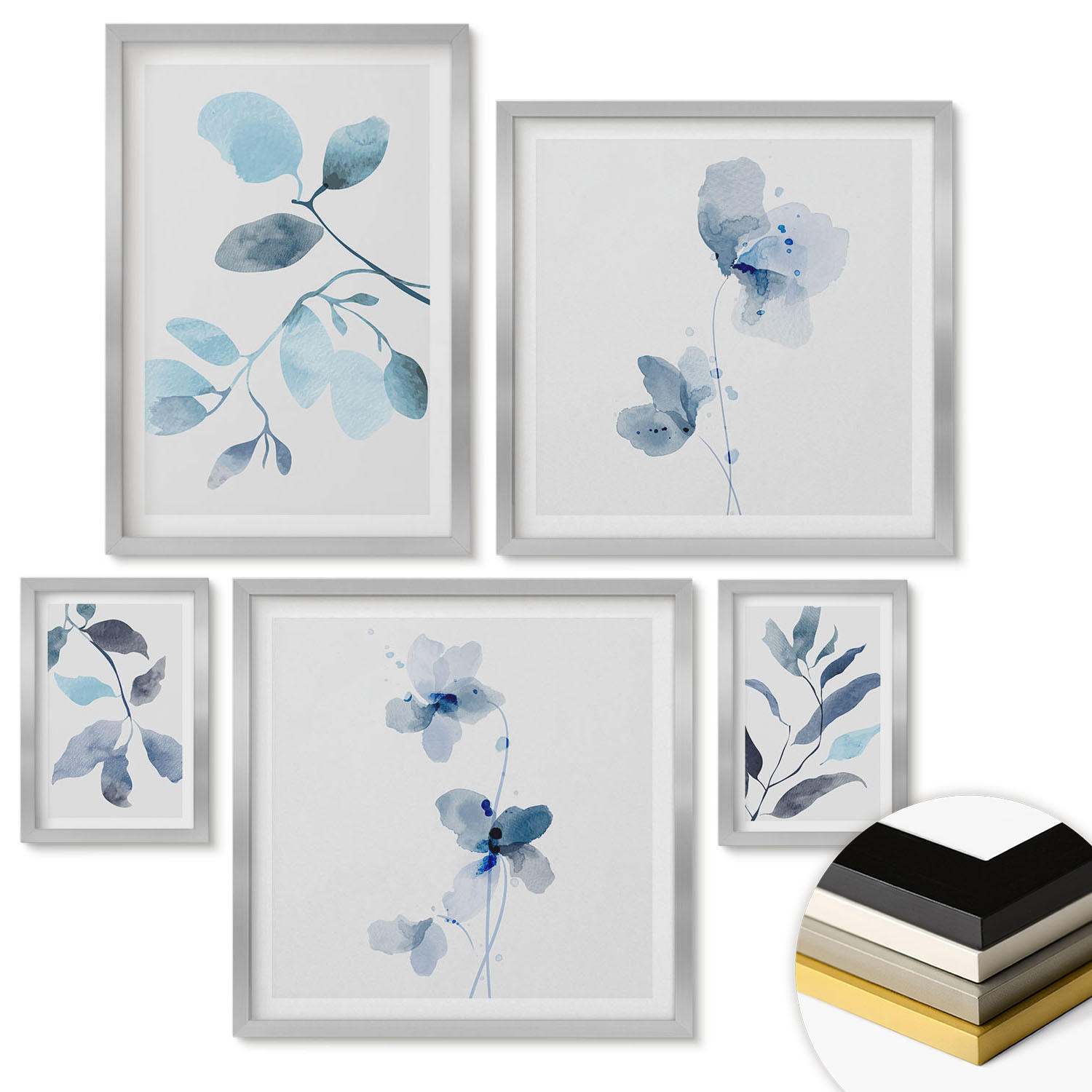 WANDBILDER 5er Set - 50x50 cm & 20x30 cm & 40x60 cm Silberner Rahmen - Aquarell von blauen Blättern - Silberfarben, Kunststoff (40/60cm) - ArtPrintCave