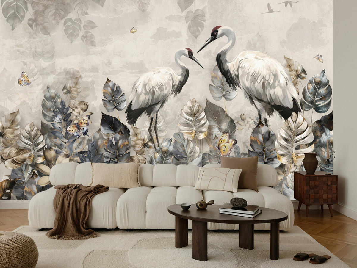 FOTOTAPETE für Wohnzimmer Kraniche Abstrakten Blättern Retro Natur 350x256 - Grau, Papier (350/256cm) - Muralo