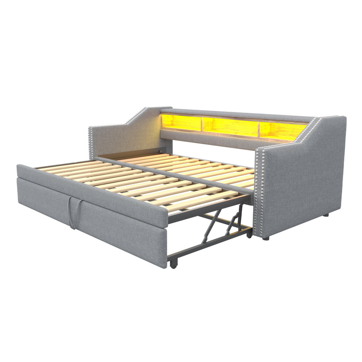 ČALÚNENÁ posteľ 90/180 x 190 cm svetlosivá z ľanovej tkaniny s výsuvným lôžkom, LED a USB - svetlosivá, textil (90/190cm) - OKWISH