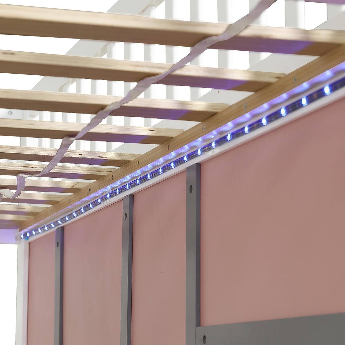 HOCHBETT 90/200 cm DE-32743 mit Stauraumtreppe und LED Weiß/Pink - Pink, Holzwerkstoff (90/200cm) - ComfortXL
