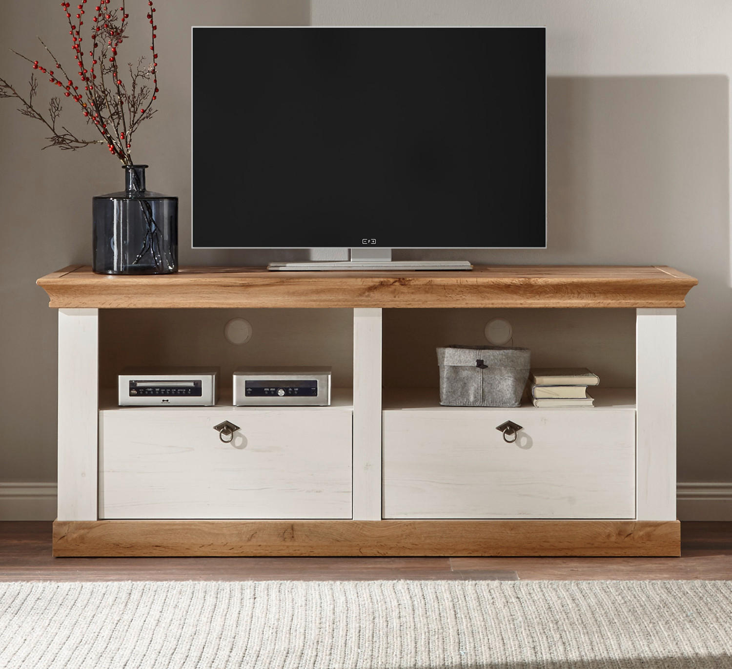 TV-LOWBOARD weiß Pinie, Eiche Wotan 150 cm, TV Unterteil mit Komforthöhe - Silberfarben/Eiche Wotan, Holzwerkstoff/Metall (152/64/52cm) - Furn.Design