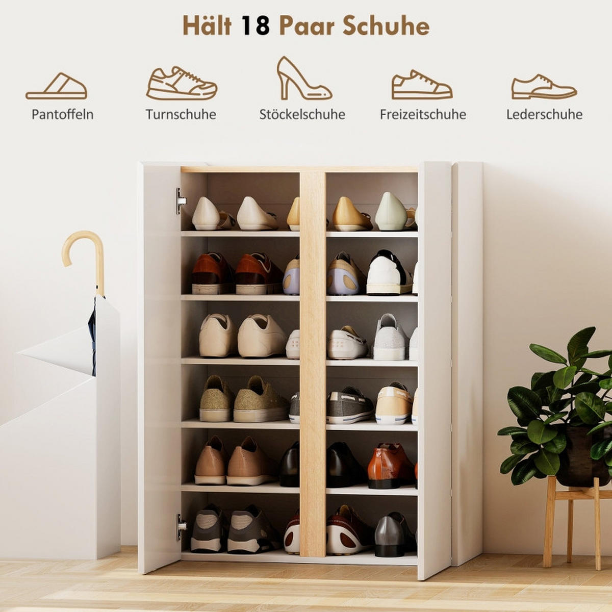 SCHUHSCHRANK 70/35/95 cm weiß aus Holz mit Soft-Close-Türen und verstellbaren Regalböden - Weiß, Holz (70/95/35cm) - OKWISH