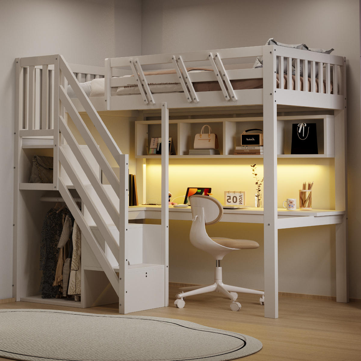 HOCHBETT 90/200 cm in Weiß Kinderbett mit Aufbewahrungstreppe, Schreibtisch, LED und Steckdosen - Weiß, Holz (90/200cm) - STILVORA