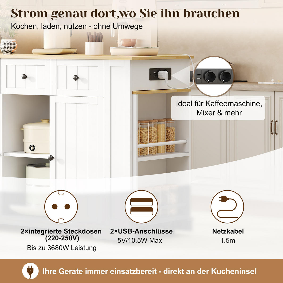KÜCHENINSEL DE-41367 138-213/55/93 cm, ausziehbarer Esstisch Weiß - Weiß, Holzwerkstoff (138/93/55cm) - ComfortXL