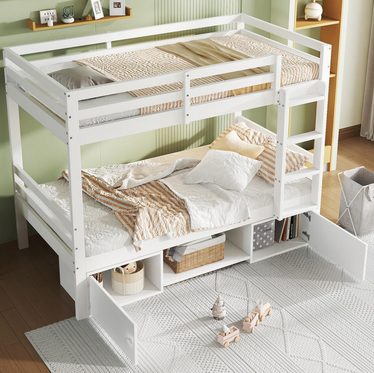 ETAGENBETT 90/200 cm Weiß mit Schuhregalen und Schließfächern aus Massivholz - Weiß, Holzwerkstoff (90/200cm) - OKWISH
