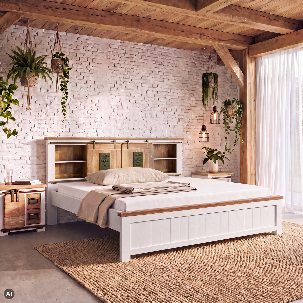 BETT Massivholz Mango / Altholz 180 x 200 x 106 weiß RAILWAY LUX #512 - Weiß, Holz (180/200cm) - Massivmoebel24