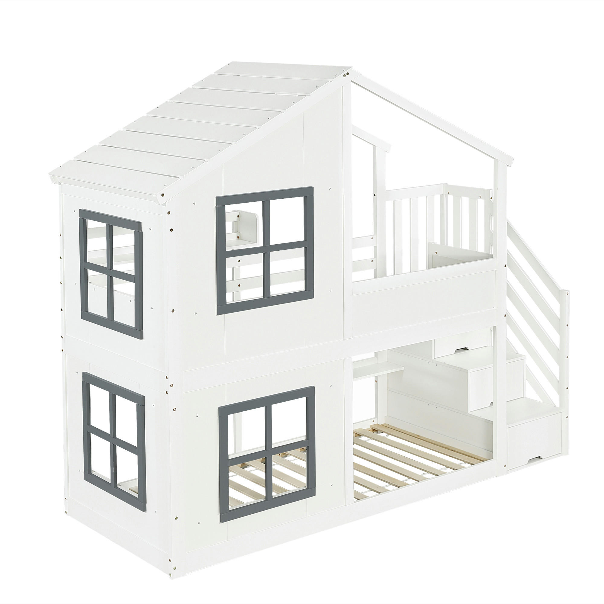 ETAGENBETT 90/200 cm Weiß mit Stauraumtreppe Fenster und Dach - Weiß, Holz (90/200cm) - Oxeza