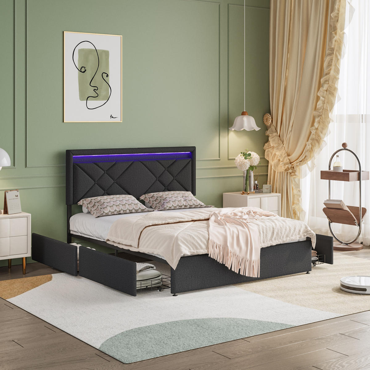 STAURAUMBETT 160x200 cm,Polsterbett mit Bettkasten Schubladen und LED-Beleuchtung - Grau, Holz (160/200cm) - PARAFTA HOME