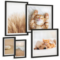 BILDER SET 5er Set - 50x50 cm & 20x30 cm & 40x60 cm Schwarzer Rahmen - Niedliche Tiere, Katzen, Hunde, Strand - Schwarz, Kunststoff (40/60cm) - TULUP