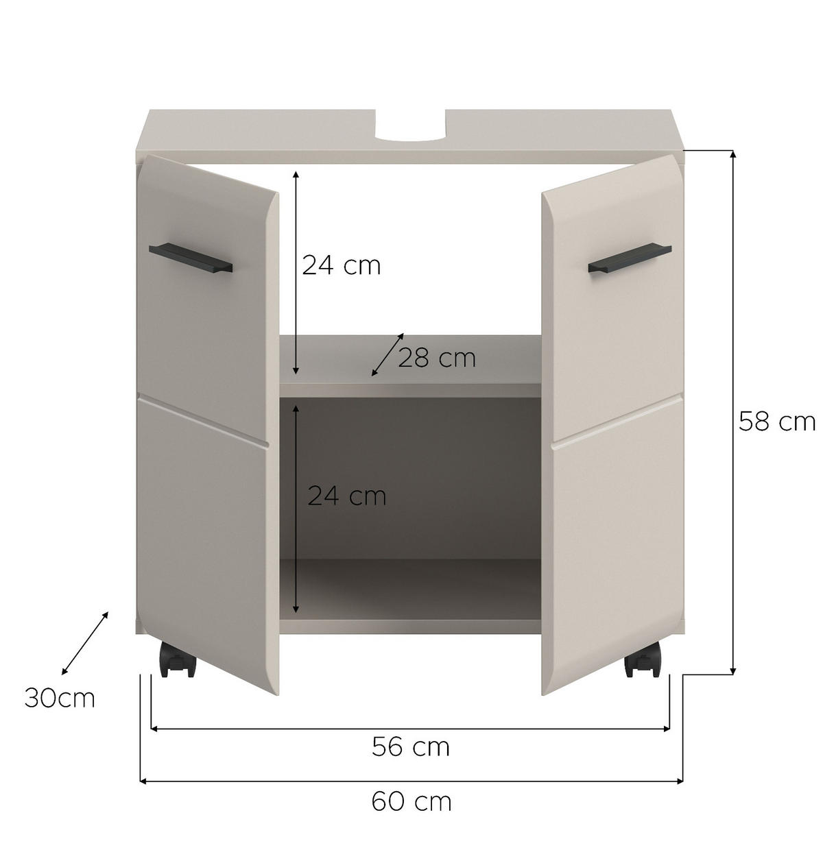 WASCHBECKENUNTERSCHRANK Kaschmir 60 cm 2-türig, Badezimmer Unterschrank auf Rollen - Kaschmir/Schwarz, Holzwerkstoff/Kunststoff (60/58/30cm) - Inn.Furn