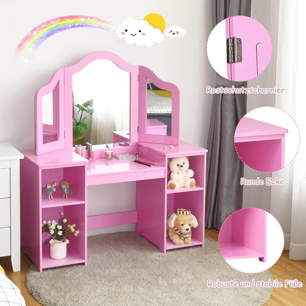 SCHMINKTISCH Set für Kinder Pink - Pink, Holz (40/117/107cm) - COSTWAY