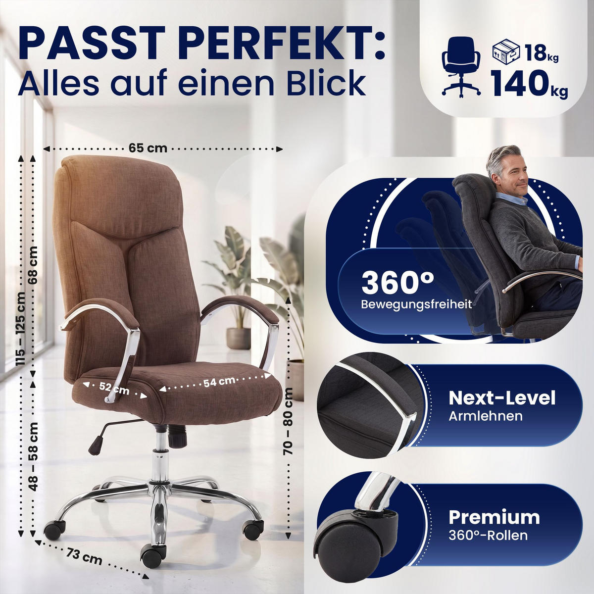 DREHSTUHL Stoff Braun - Chromfarben/Braun, Textil/Metall (65/115/73cm) - CLP
