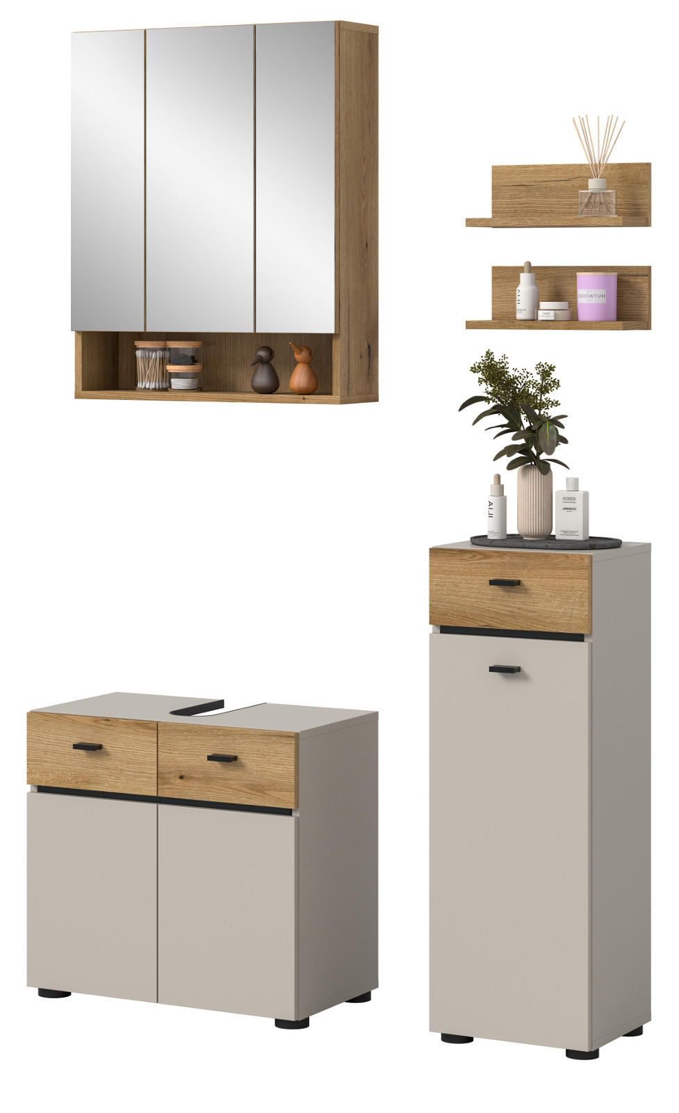 BADMÖBEL-SET Kaschmir, Evoke Eiche 5-teilig 107 cm, Komplettset in modernem Design - Kaschmir/Eichefarben, Glas/Holzwerkstoff (107/191/35cm) - Inn.Furn