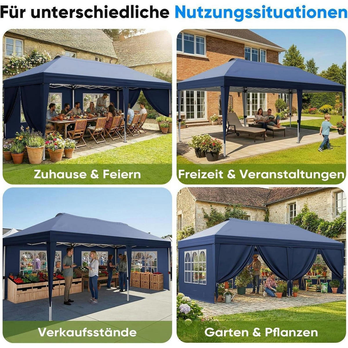 FALTPAVILLON 3x6m mit Seitenwänden und UV-Schutz - Blau, Metall (585/285/293cm)