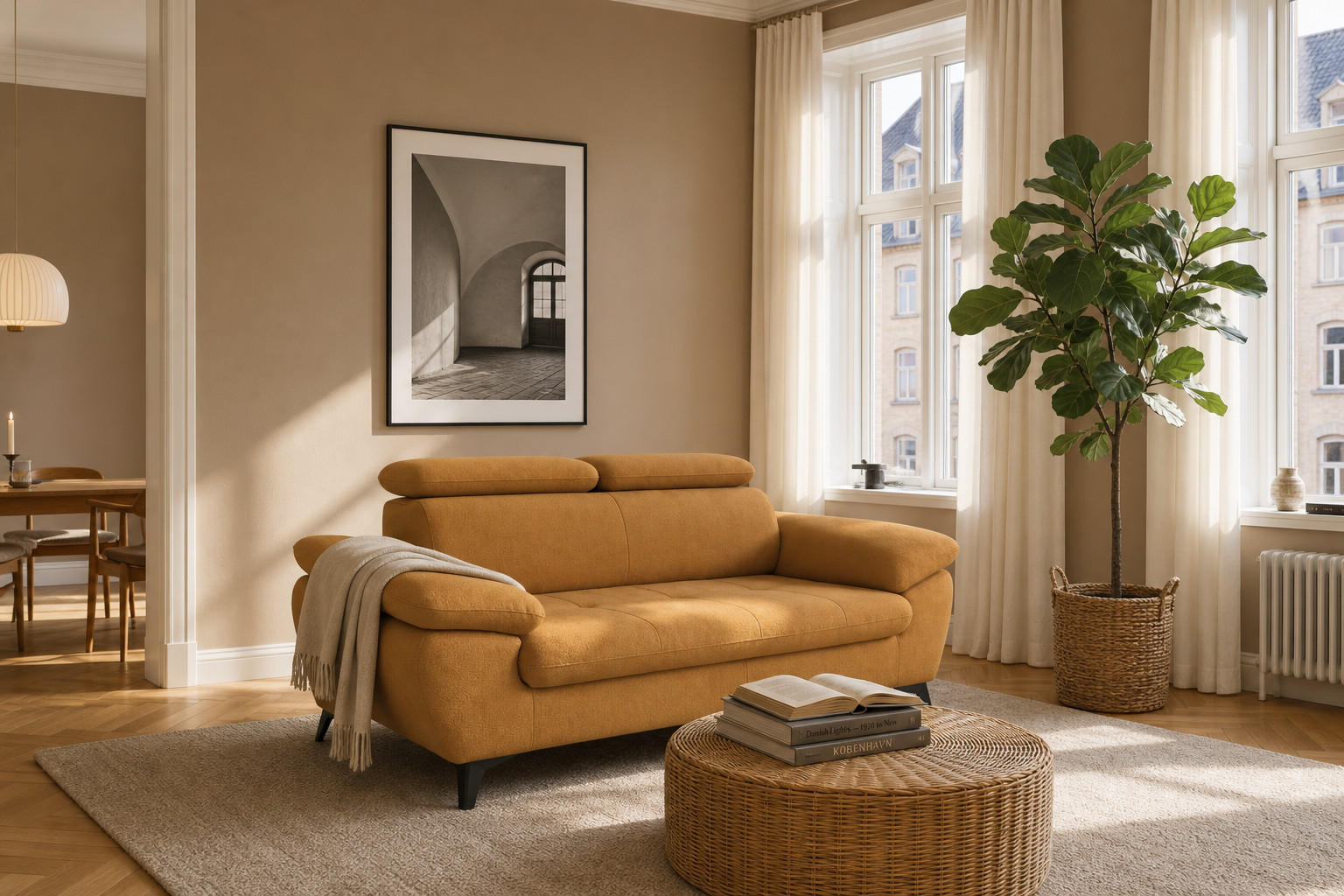 2,5-SITZER Karlstad Flachgewebe Gold verstell. Kopfstützen B 194 cm - Dunkelgelb, Kunststoff/Textil (194/84/100cm) - foamnova