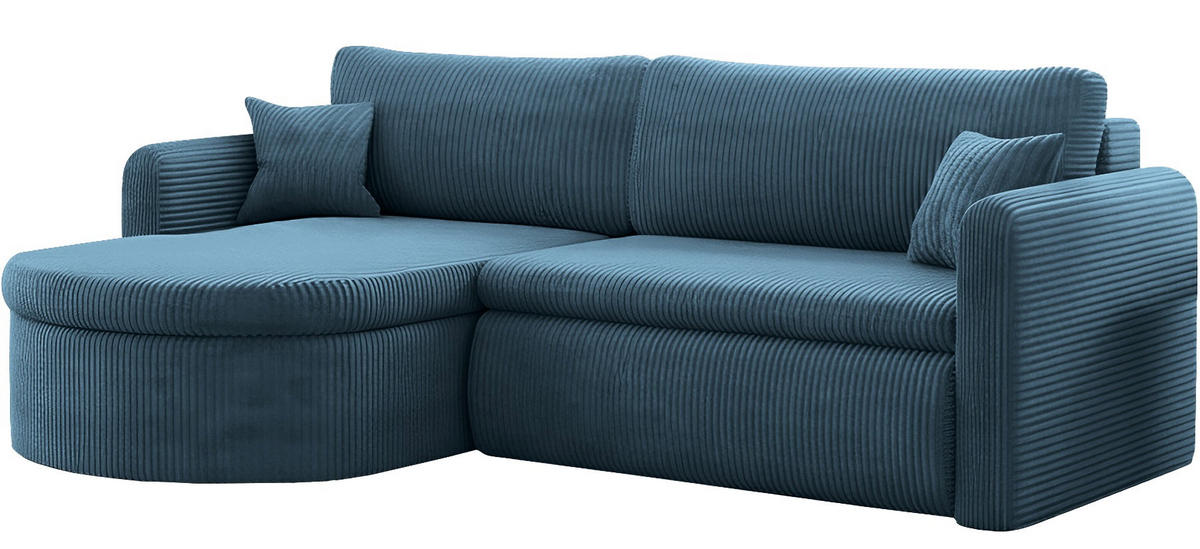 ECKSOFA Cora mit Schlaffunktion & Stauraum, Universell Rechts/Links, Blau Cord Chenille 250/82/160 cm - Blau/Schwarz, Kunststoff/Textil (250/160cm) - WFL GROUP