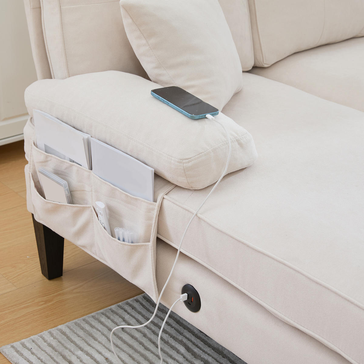 WOHNLANDSCHAFT 4-Sitzer Leinen Beige mit USB, Type-C und Seitentaschen - Beige, Textil (250/88/130cm) - WISHDOR