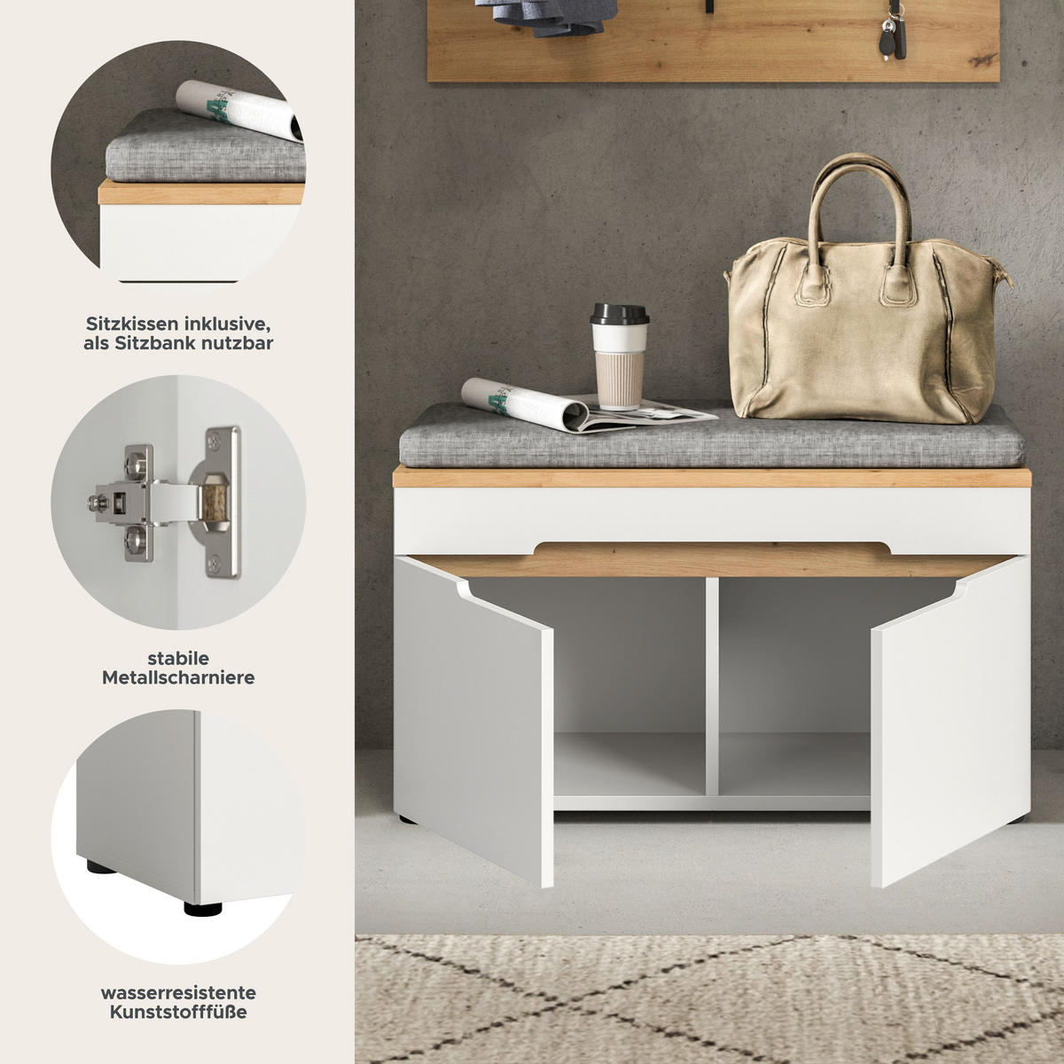 SITZBANK Nova inkl. Sitzkissen (B/H/T: 60x45x37 cm) in Weiß - Weiß, Holzwerkstoff (80/45/37cm) - Homes & Jones