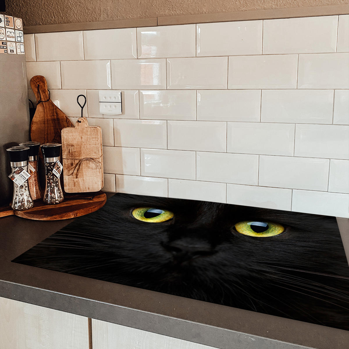 HERDABDECKPLATTE Katze - Augen - Gelb - Schwarz Induktionsschutz 81.6x52.7 cm - Schwarz, Kunststoff (81.6/52.7/0.2cm) - MuchoWow