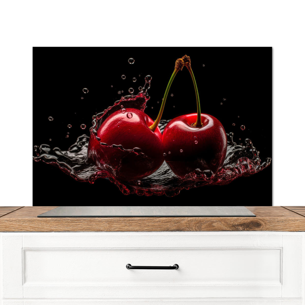 SPRITZSCHUTZ KÜCHE Kirsche - Rot - Frucht - Wasser - Schwarz 90x60 cm - Kirschrot, Metall (90/0.3/60cm) - MuchoWow