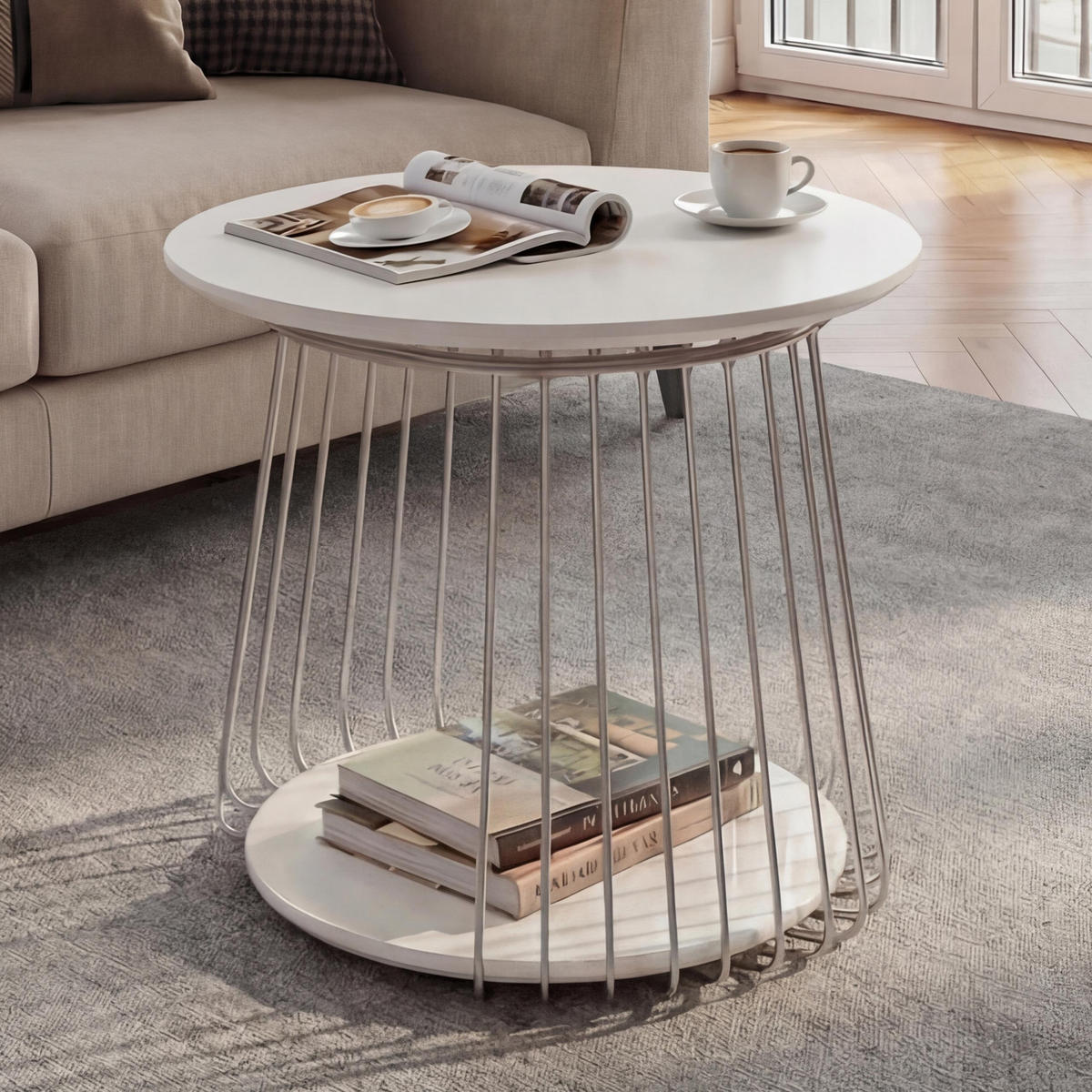 MIZA za kavč okrogla bela, srebrna - srebrne barve/bela, les (50/50/52cm) - MCW