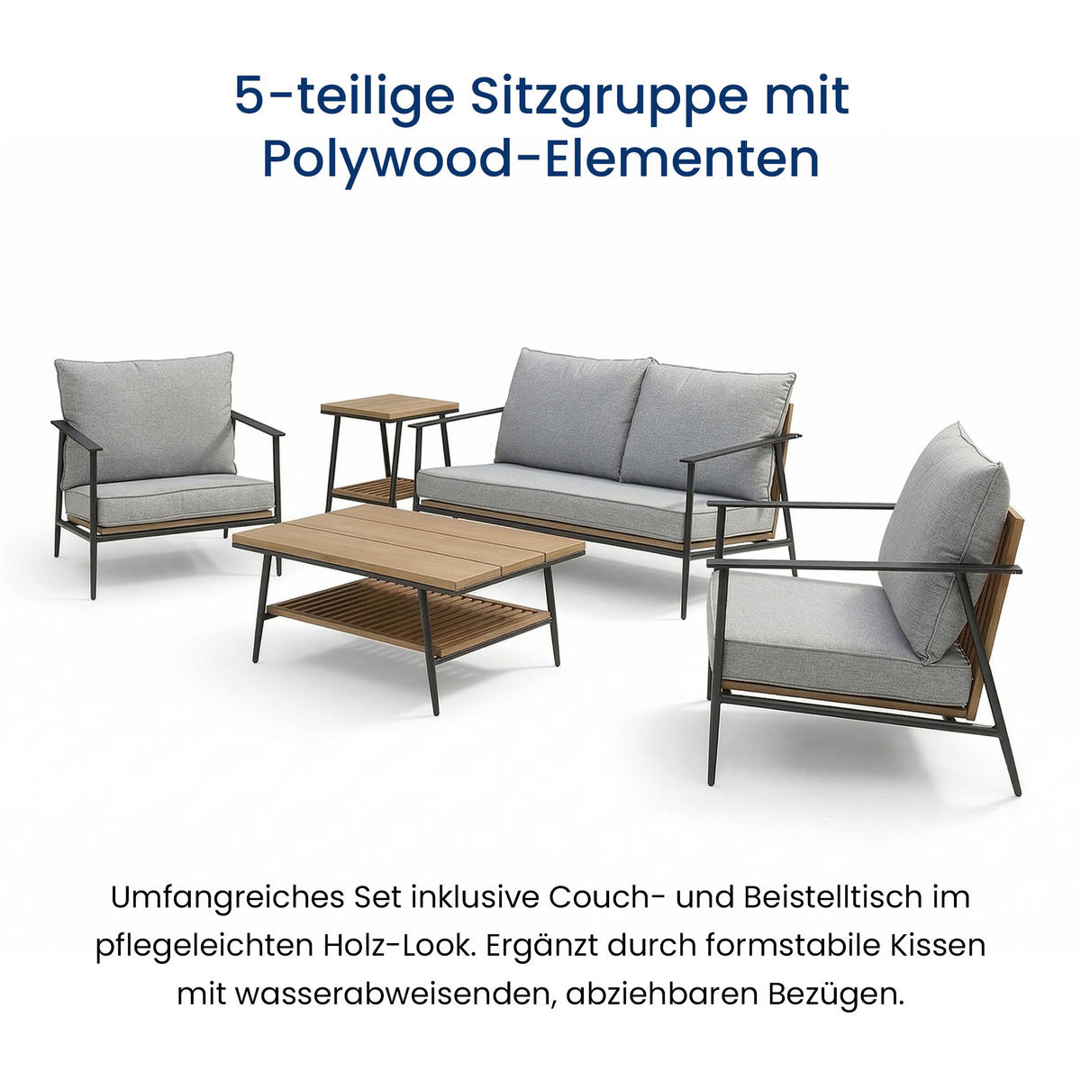 GARTENMÖBEL-SET mit 1 2-Sitzer-Sofa. 2 Einzelstühlen. 1 Couchtisch und 1 Beistelltisch. Schwarz. Grau und Eiche natur - Schwarz/Naturfarben, Metall - Home Collective