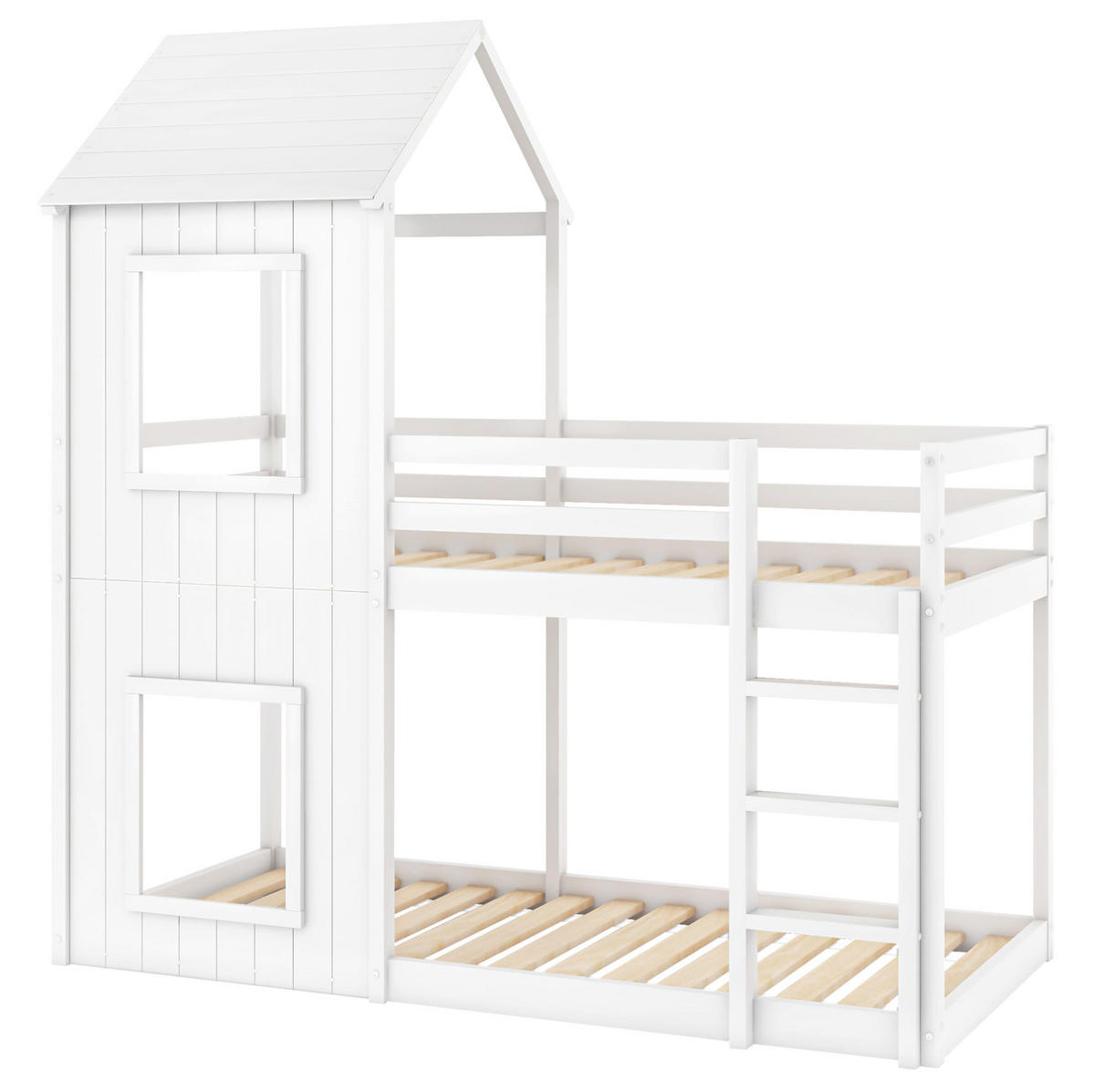 ETAGENBETT aus Kiefer 90x200 cm in Weiß mit Rausfallschutz im Baumhaus-Design - Weiß, Holz (90/200cm) - Modfu