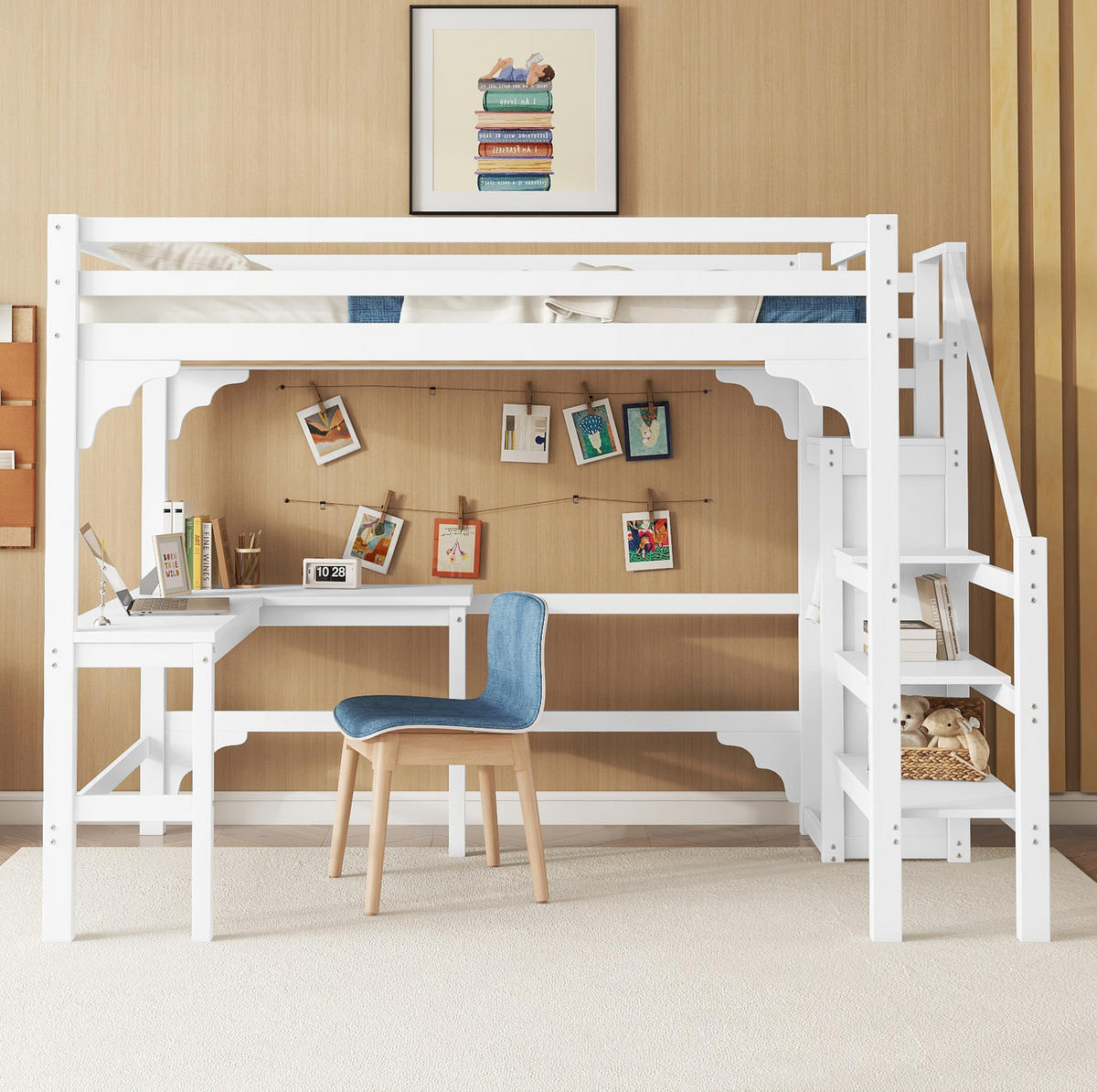 HOCHBETT 140/200 cm Weiß aus Kiefernholz und MDF mit Schreibtisch - Weiß, Holz (140/200cm) - OKMYHOME