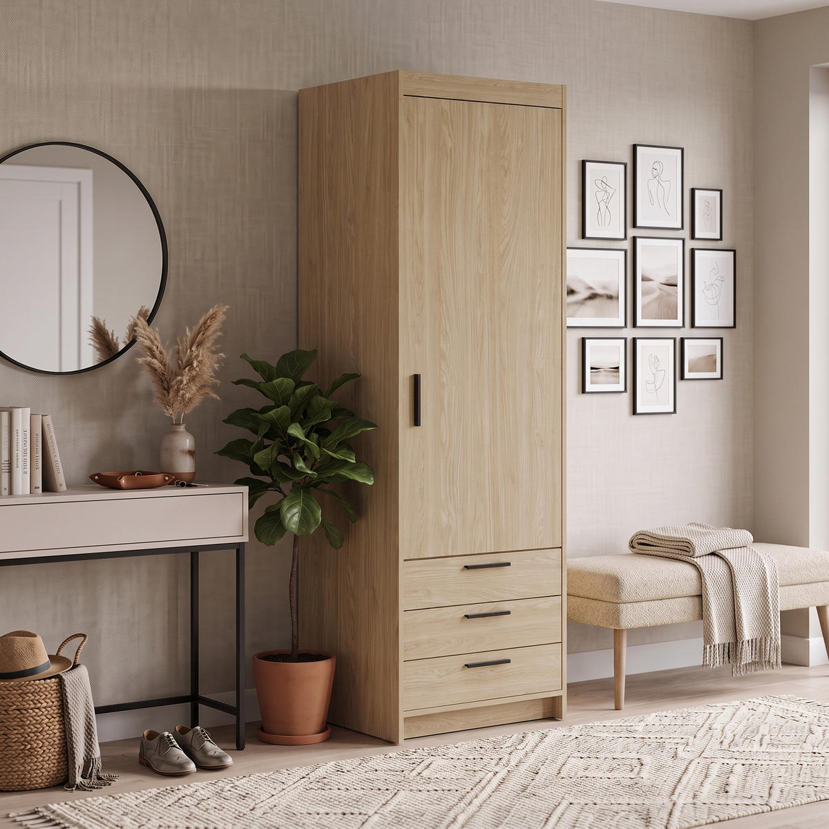 DREHTÜRENSCHRANK Elena mit 1 Tür und 3 Schubladen, Eiche Geölt - Eichefarben, Holzwerkstoff (60/190/53cm) - Beautysofa