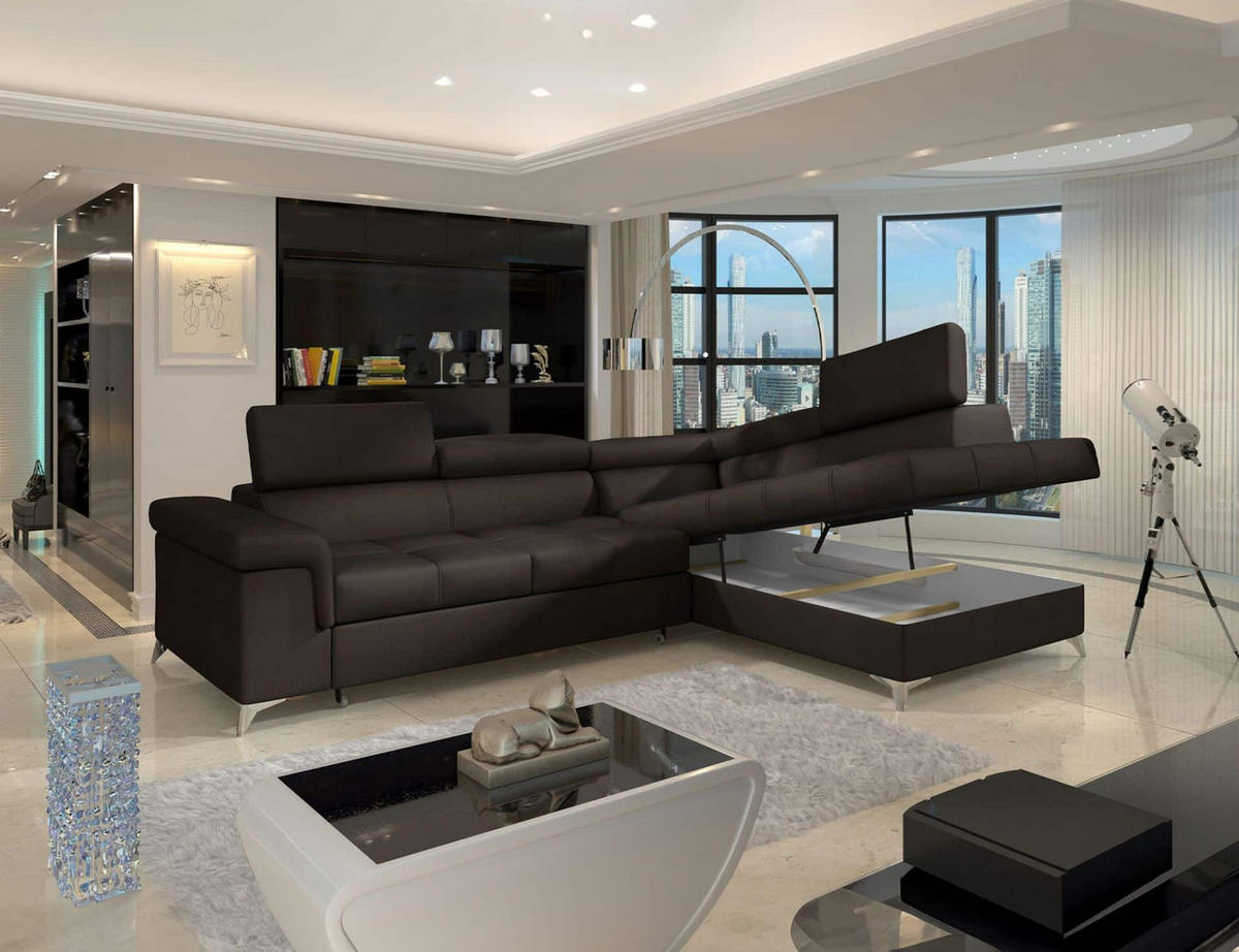ECKSOFA mit Schlaffunktion und Bettkasten, pflegeleichter Monolith-Stoff - Chromfarben/Dunkelbraun, Textil/Metall (202/275cm) - Eltap