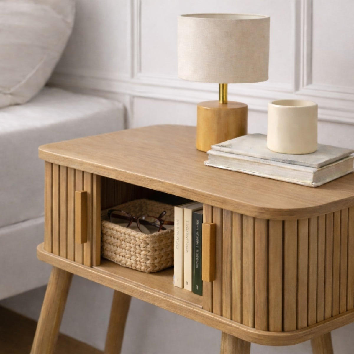 NACHTTISCH mit Eichenmuster 2 Schiebetüren H59 cm - Ernest - Eschefarben, Holzwerkstoff (35/58.5/38.5cm) - Calicosy