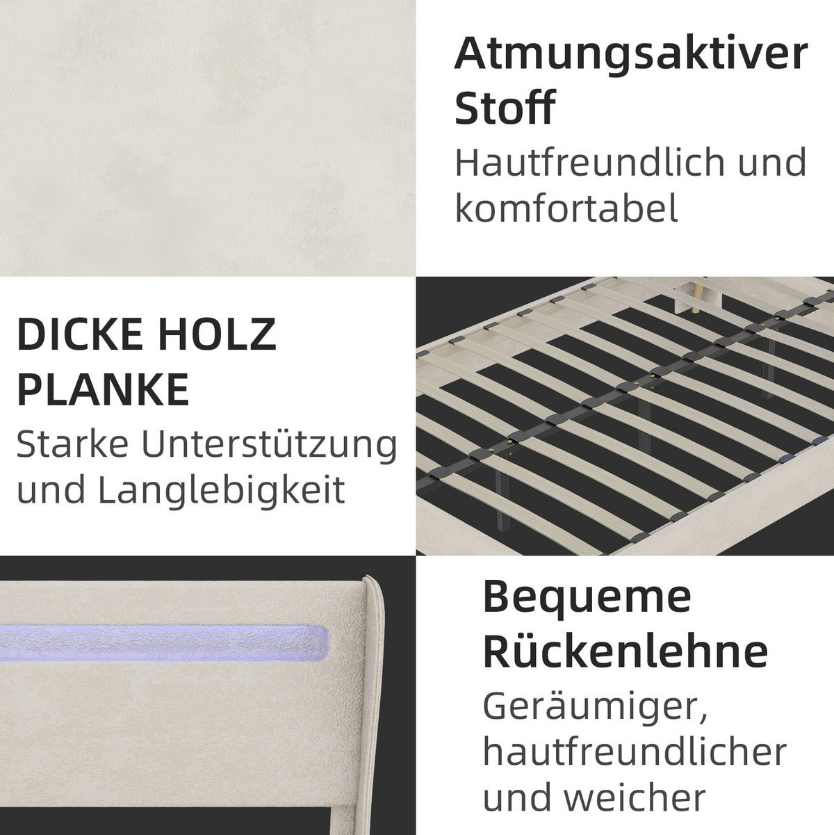 POLSTERBETT 140/200 cm beige aus Stoff und Metall mit LED-Kopfteil - Beige, Textil (140/200cm) - OKWISH