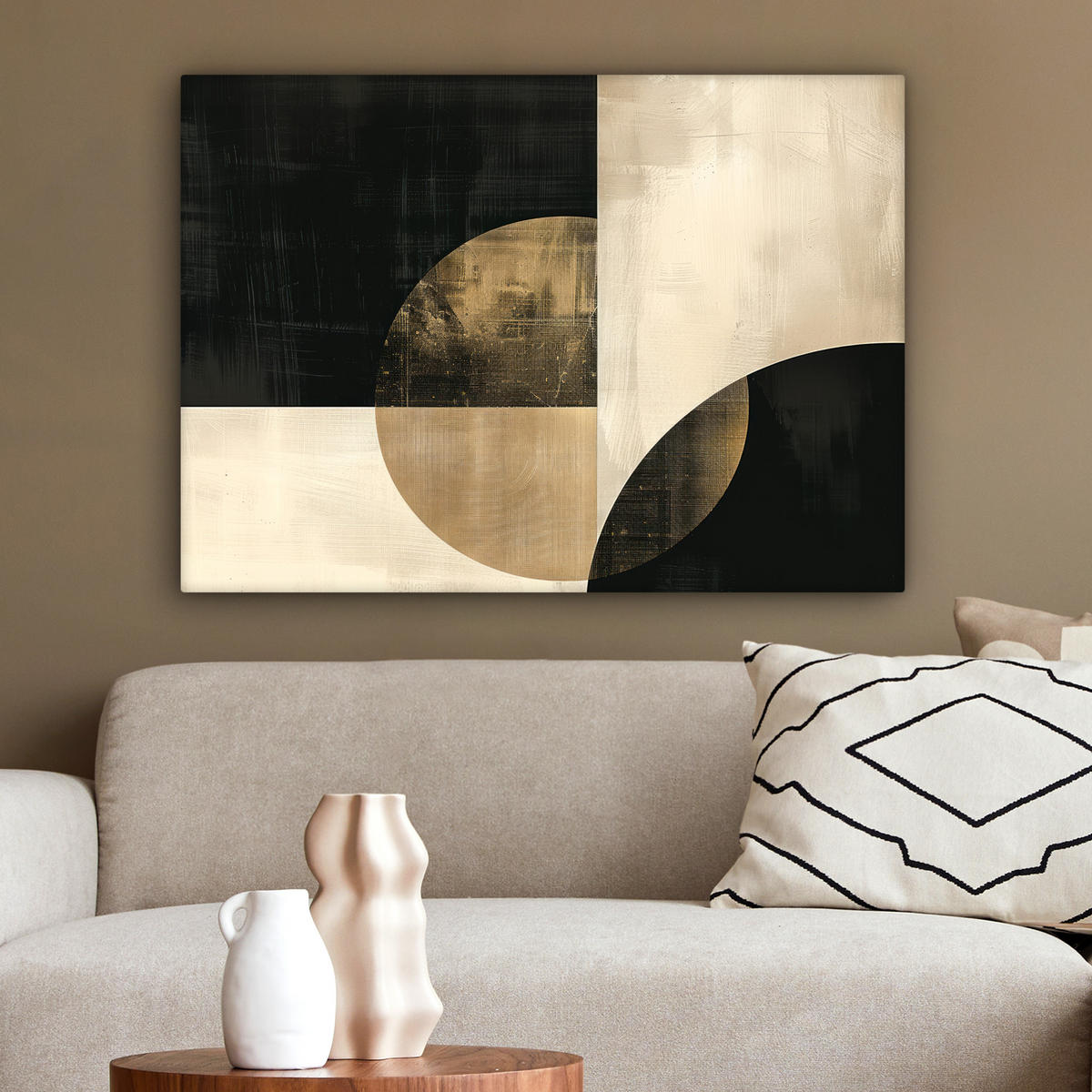 LEINWANDBILD Abstrakt - Geometrische Formen - Schwarz - Gold Wandbilder 80x60 cm - Ecru, Textil (80/60cm) - MuchoWow