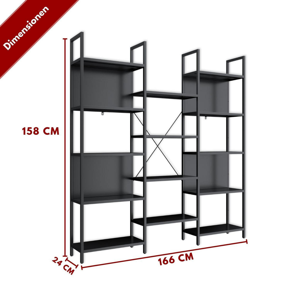 REGALWAND CHICAGO Metall Schwarz 158/24/166 cm - Schwarz, Metall (24/166/158cm) - Coemo