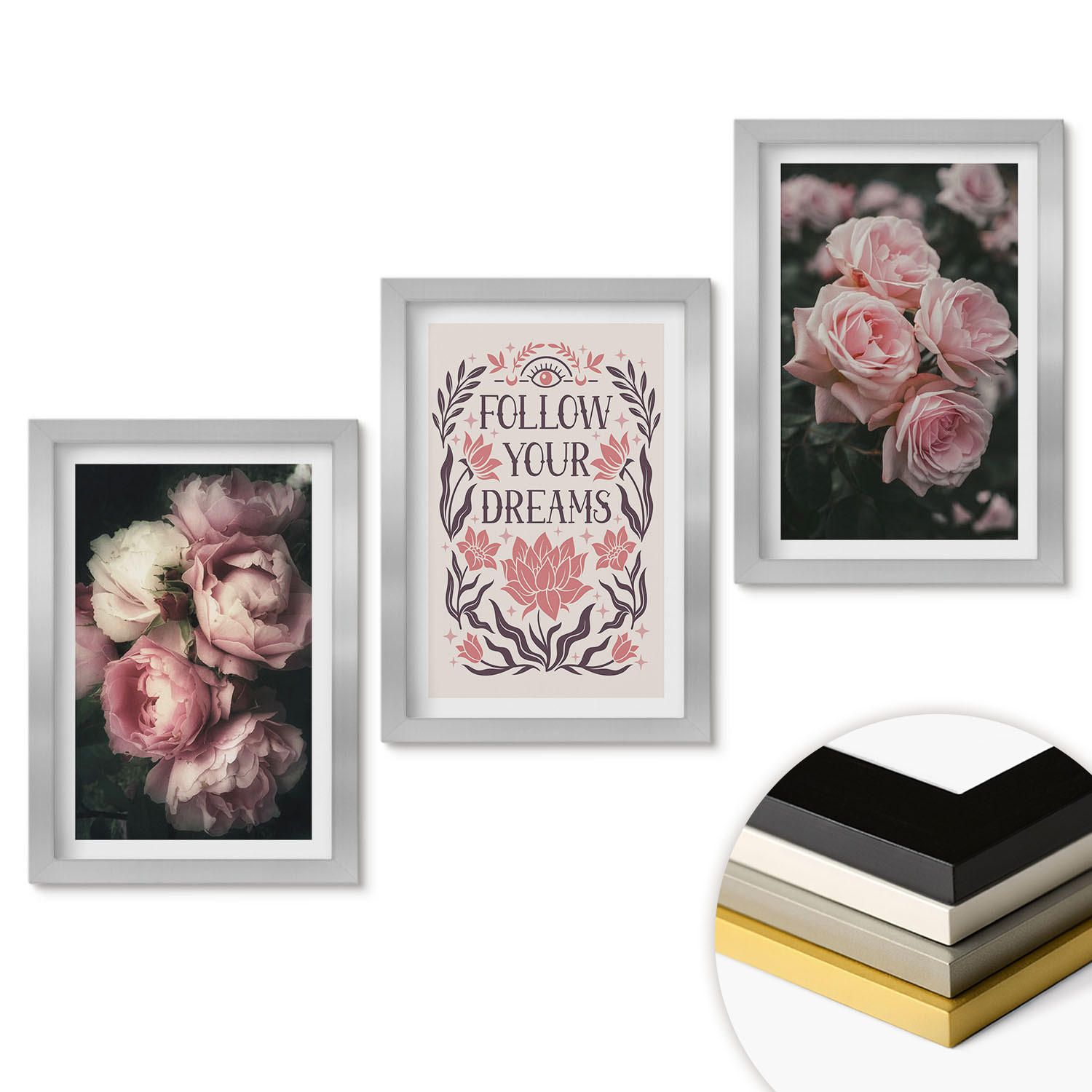 WANDBILDER 3er Set - 20x30 cm Silberner Rahmen - Vintage-Rosenträume-Inschrift - Silberfarben, Kunststoff (20/30cm) - ArtPrintCave