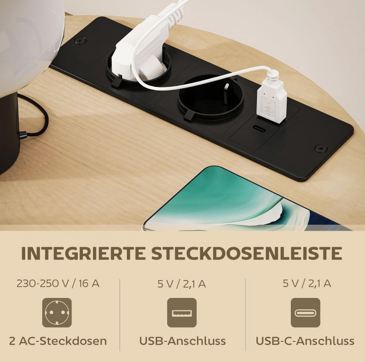 BEISTELLTISCH aus Holz und Metall 50x50x55,1 cm Naturholz mit Steckdosenleiste, USB, USB-C und 3 Ebenen - Naturfarben, Holz (50/50/55.1cm) - Modfu