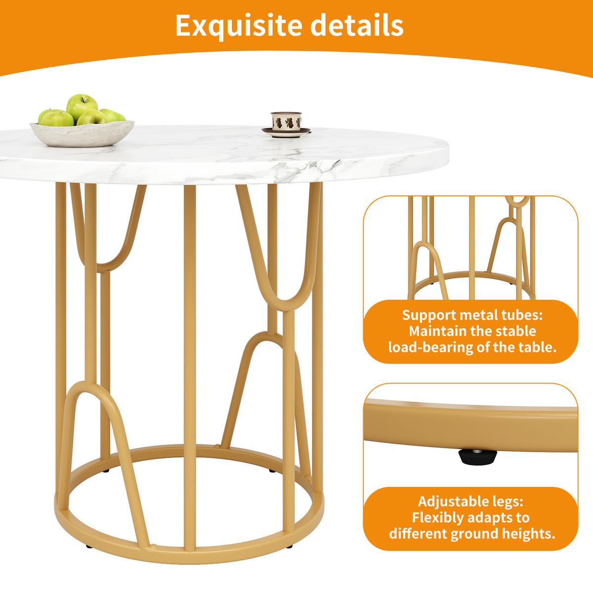 ESSTISCH 80/80/76 cm mit MDF-marmorierter Tischplatte und goldenen Beinen - Weiß, Holzwerkstoff (80/80/76cm) - OKWISH