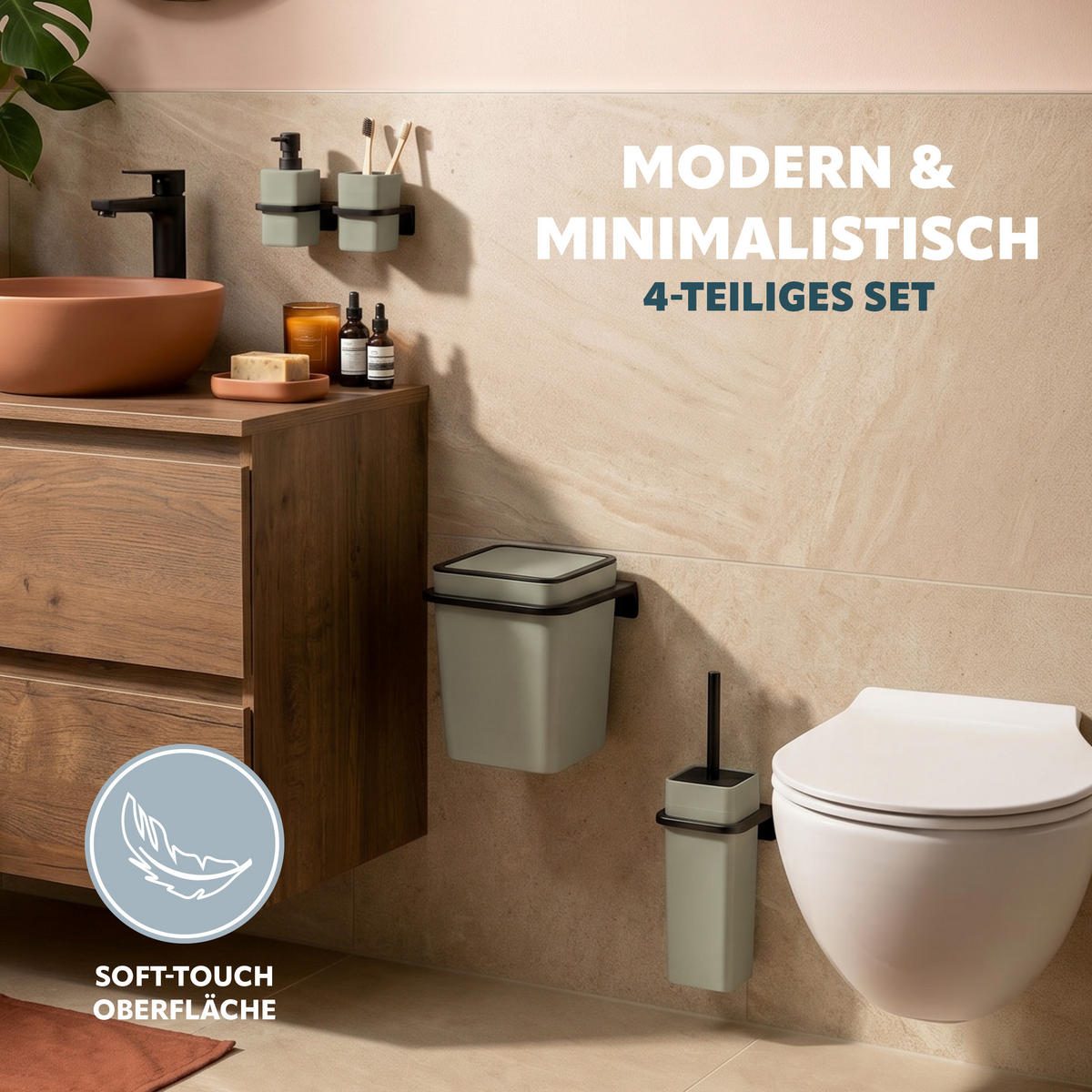 BAD-ACCESSOIRES-SET (4er-Set) SAVONA, Soft-Touch, salbei - Salbeigrün, Kunststoff (20.5/24.5/21.5cm) - bremermann