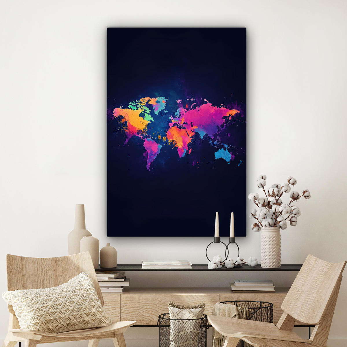 LEINWANDBILD Weltkarte - Bunt - Graffiti Deko Groß 90x140 cm - Multicolor, Textil (90/140cm) - MuchoWow