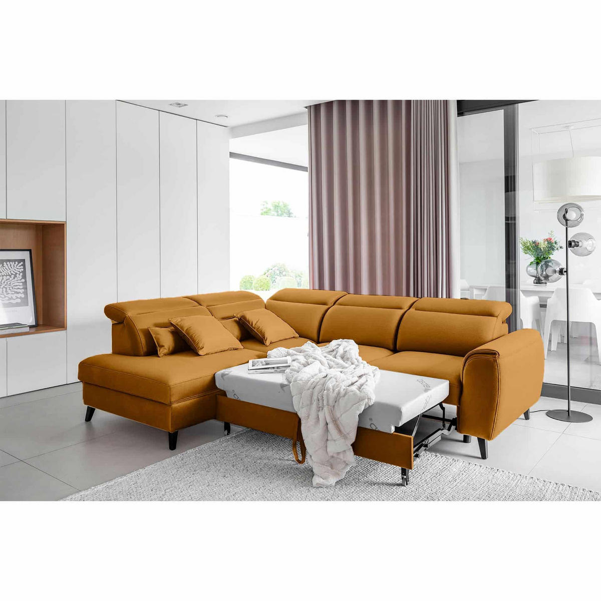 ECKSOFA mit Schlaffunktion & Bettkasten - Gelb/Schwarz, Holz/Textil (255/201cm) - Eltap