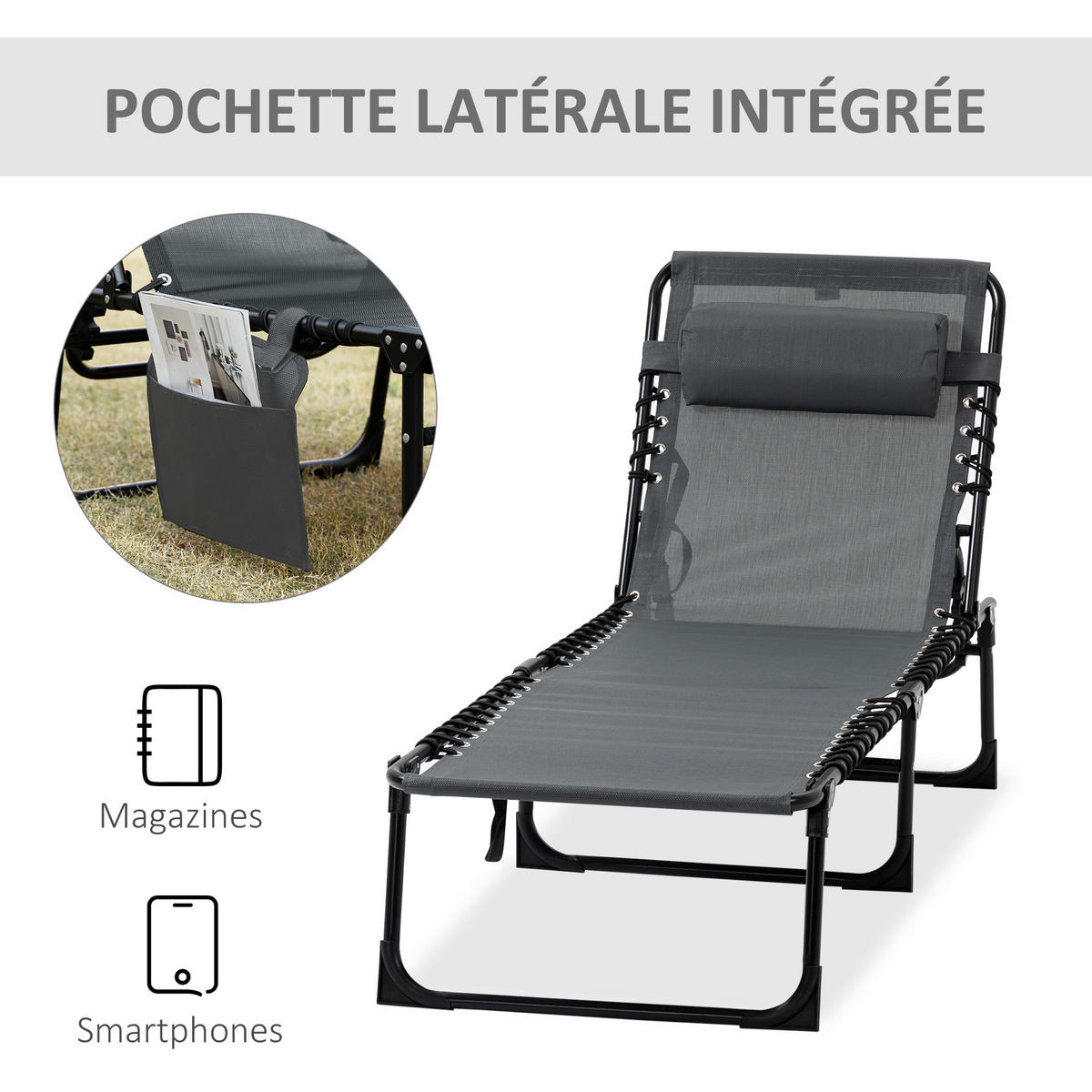 SONNENLIEGE DE-15608 189/58/30 cm, 5-fach verstellbar Grau - Grau, Metall (58/30/189cm) - ComfortXL