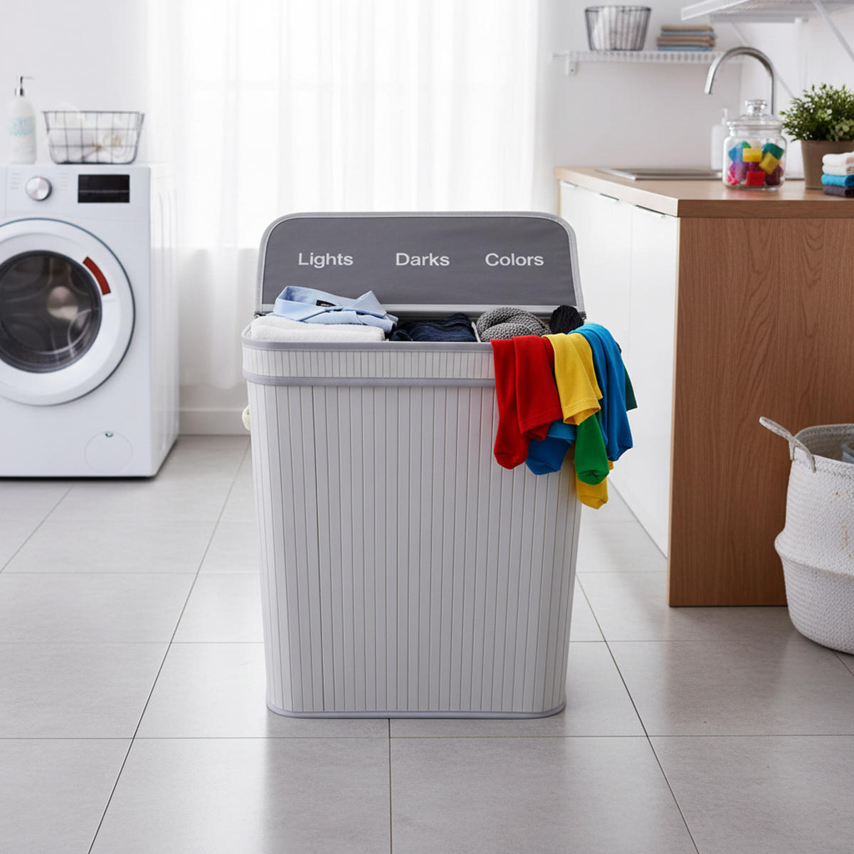 WÄSCHEKORB - Weiß, Holz/Textil (52/63/32cm) - Relaxdays