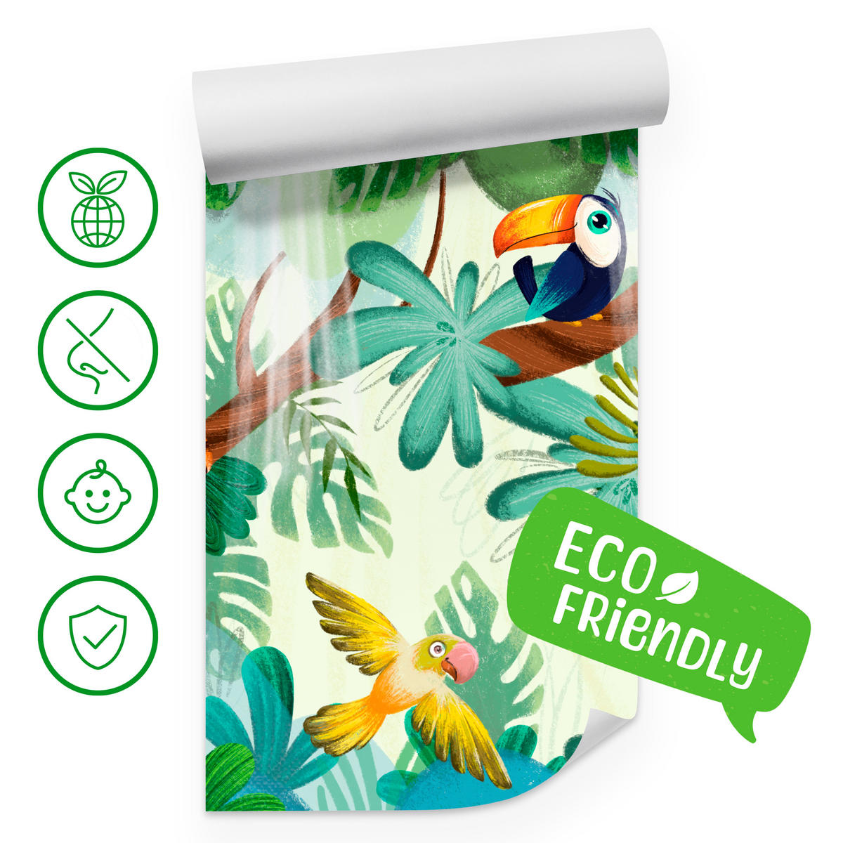 FOTOTAPETE für Kinderzimmer Süße Dschungeltiere Monstera Affen Tiger Vogel 200x140 - Gelb/Beige, Papier (200/140cm) - Muralo