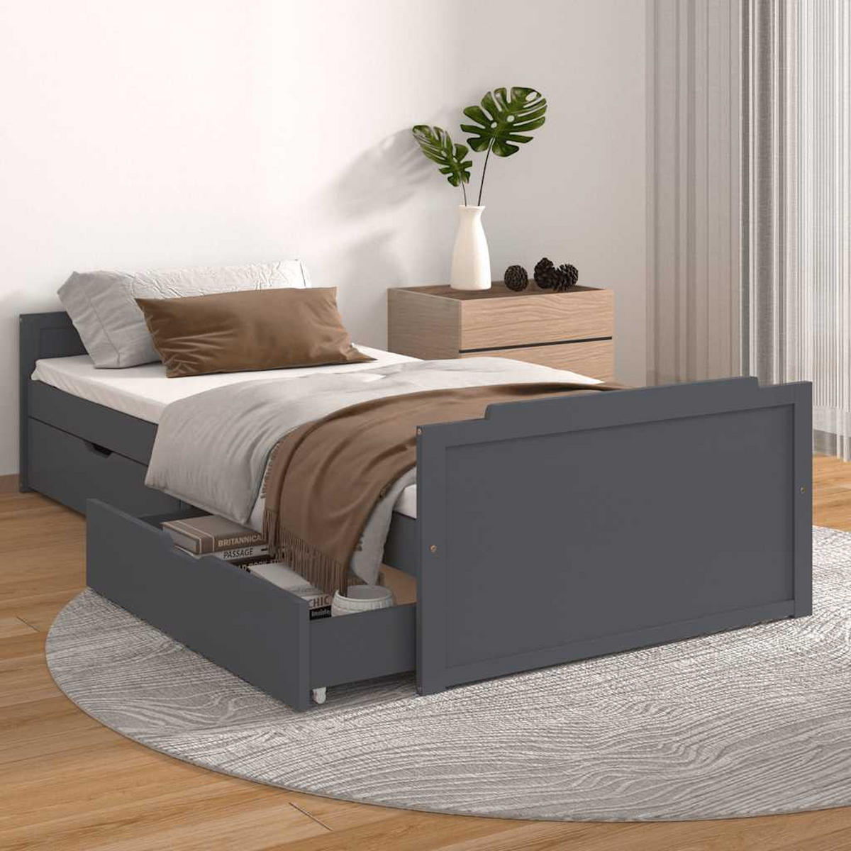 MASSIVHOLZBETT Mit Schubladen Dunkelgrau Kiefer 90/200 Cm - Grau, Textil (90/200cm) - vidaXL
