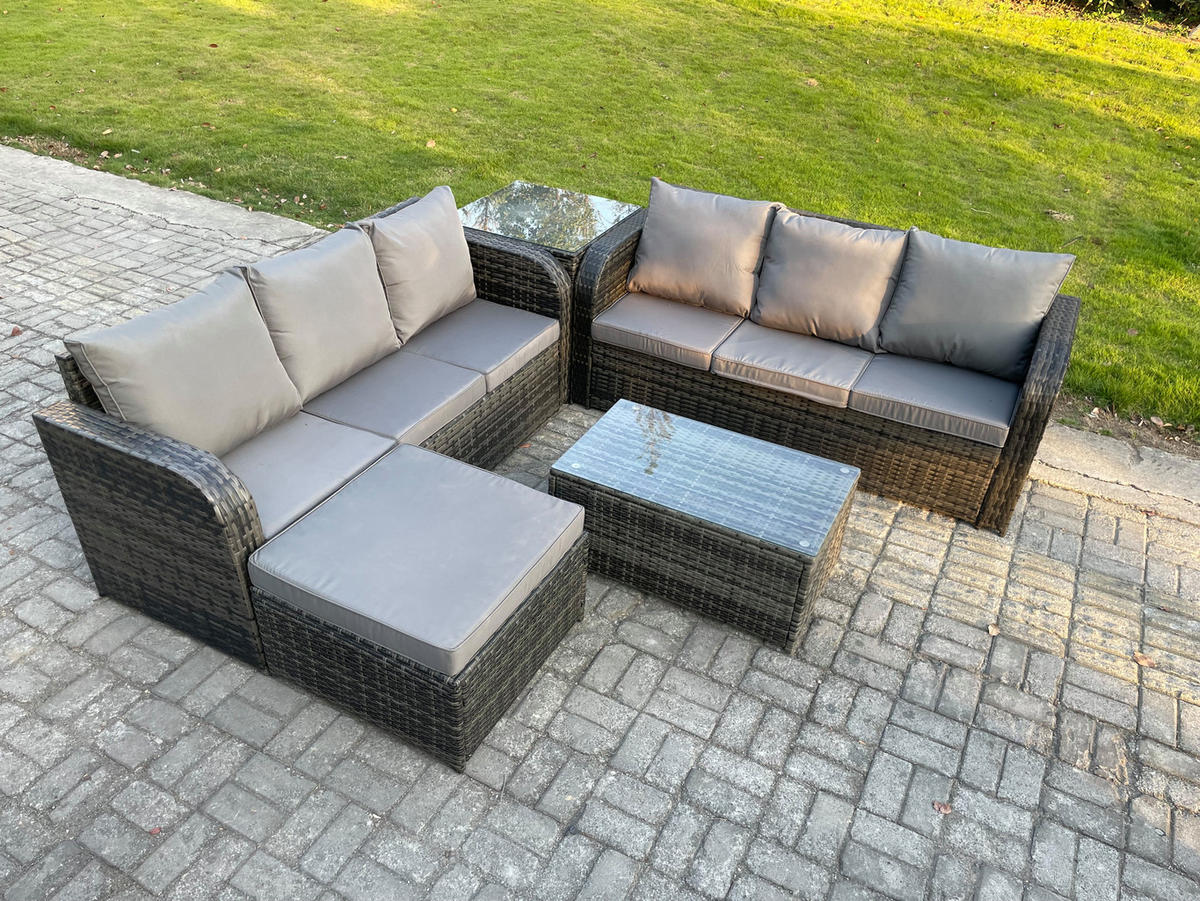 GARTENMÖBEL-SET mit Kissen Polyrattan Dunkelgrau 7-Sitzer - Dunkelgrau/Grau, Glas/Kunststoff - Fimous