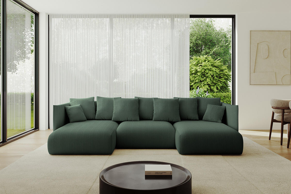 WOHNLANDSCHAFT mit Schlaffunktion und Bettkasten ONESK-U 304x165x40 Grün Cord - Grün, Holzwerkstoff/Kunststoff (304/90/165cm) - ALTDECOR